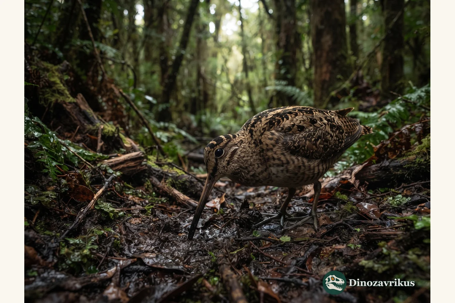 The Miocene shorebird Hakawai melvillei foraging beside a forested lake