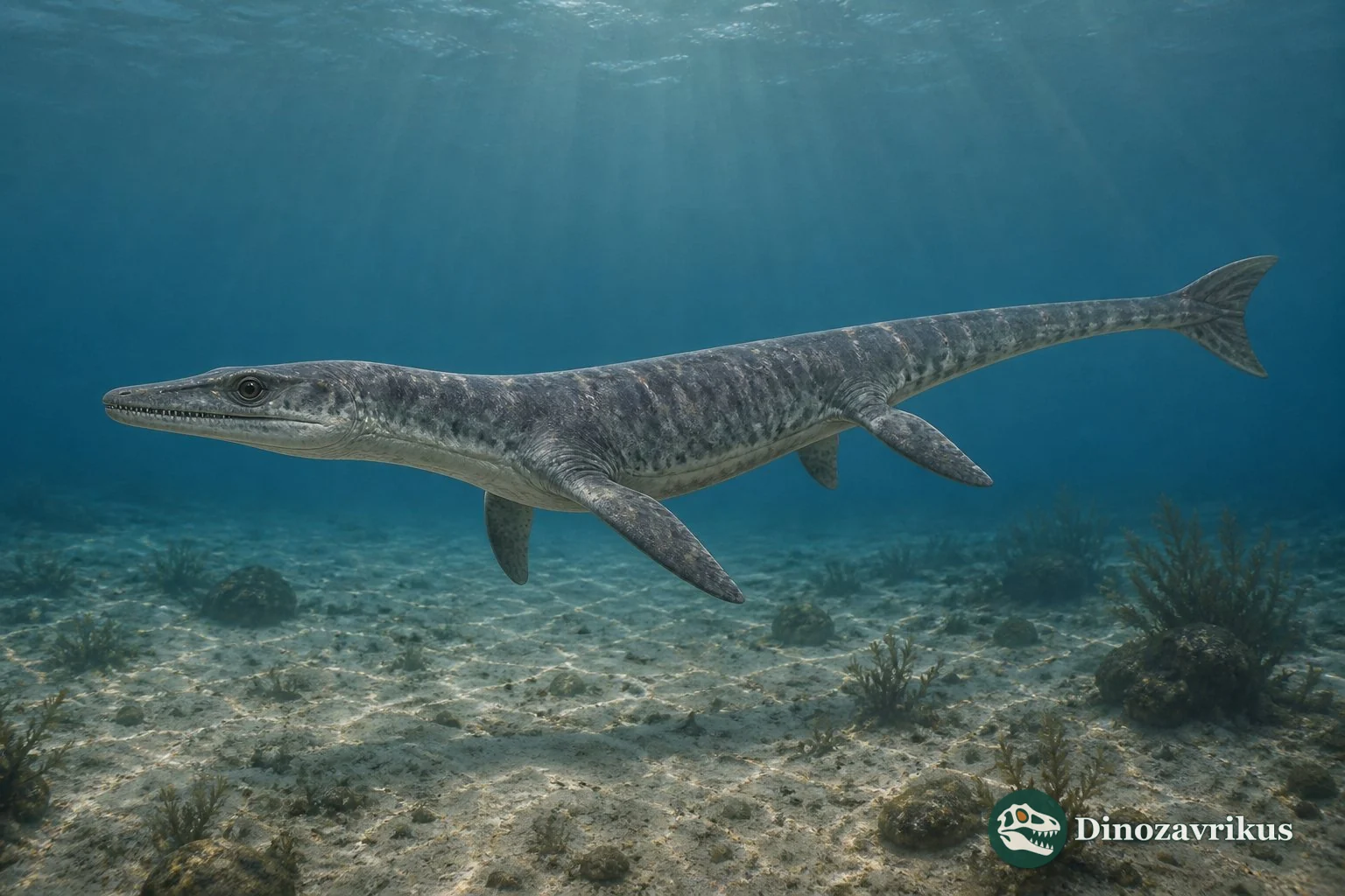 Halisaurus swimming through a Late Cretaceous sea