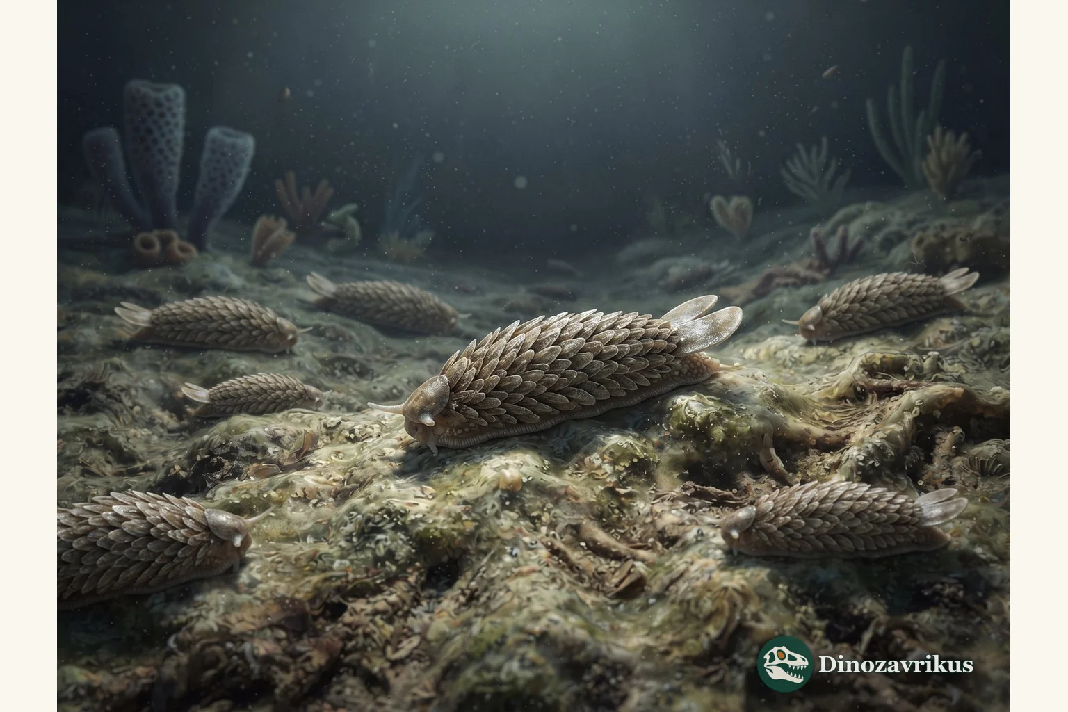 Halkieria evangelista reconstructed crawling across the Sirius Passet seafloor with two shell plates and overlapping sclerites