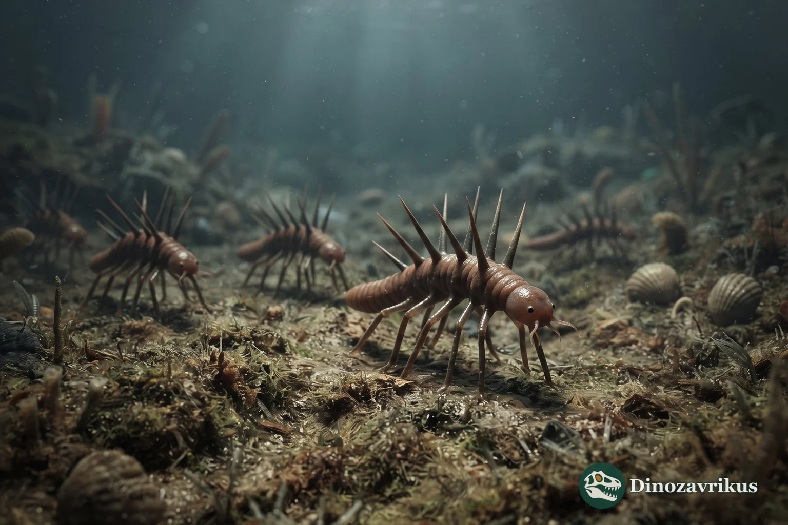 Hallucigenia walking across the Cambrian seafloor