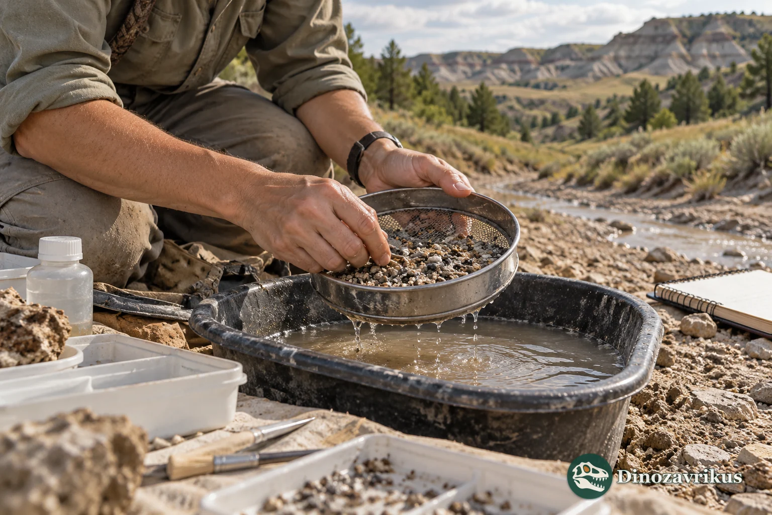 Illustrative field scene showing sediment washing to recover tiny fossil teeth