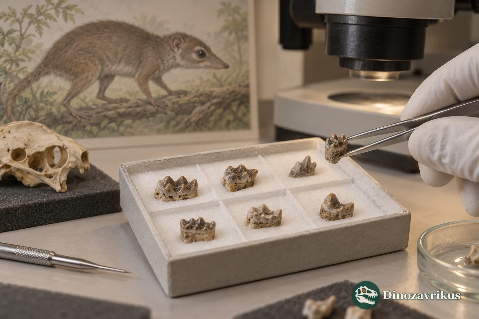 Conceptual museum study of small mammal teeth under magnification