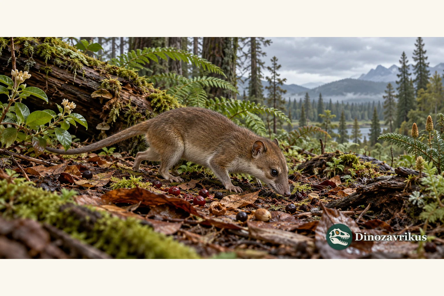 Hypothetical small mammal foraging in leaf litter in a Paleocene North American woodland