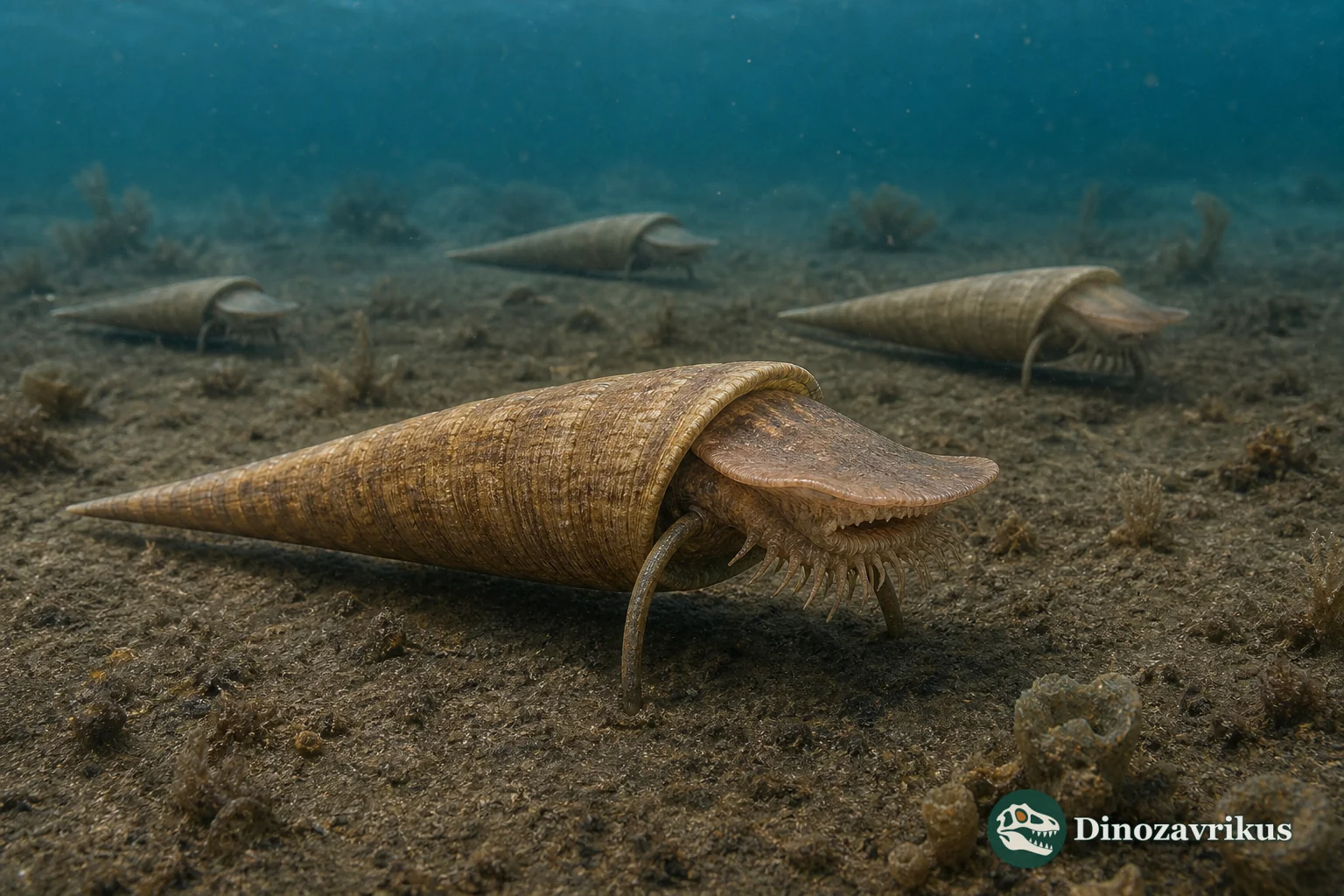 Haplophrentis with a conical shell, lid and two curved helens supporting its aperture above the Cambrian seabed