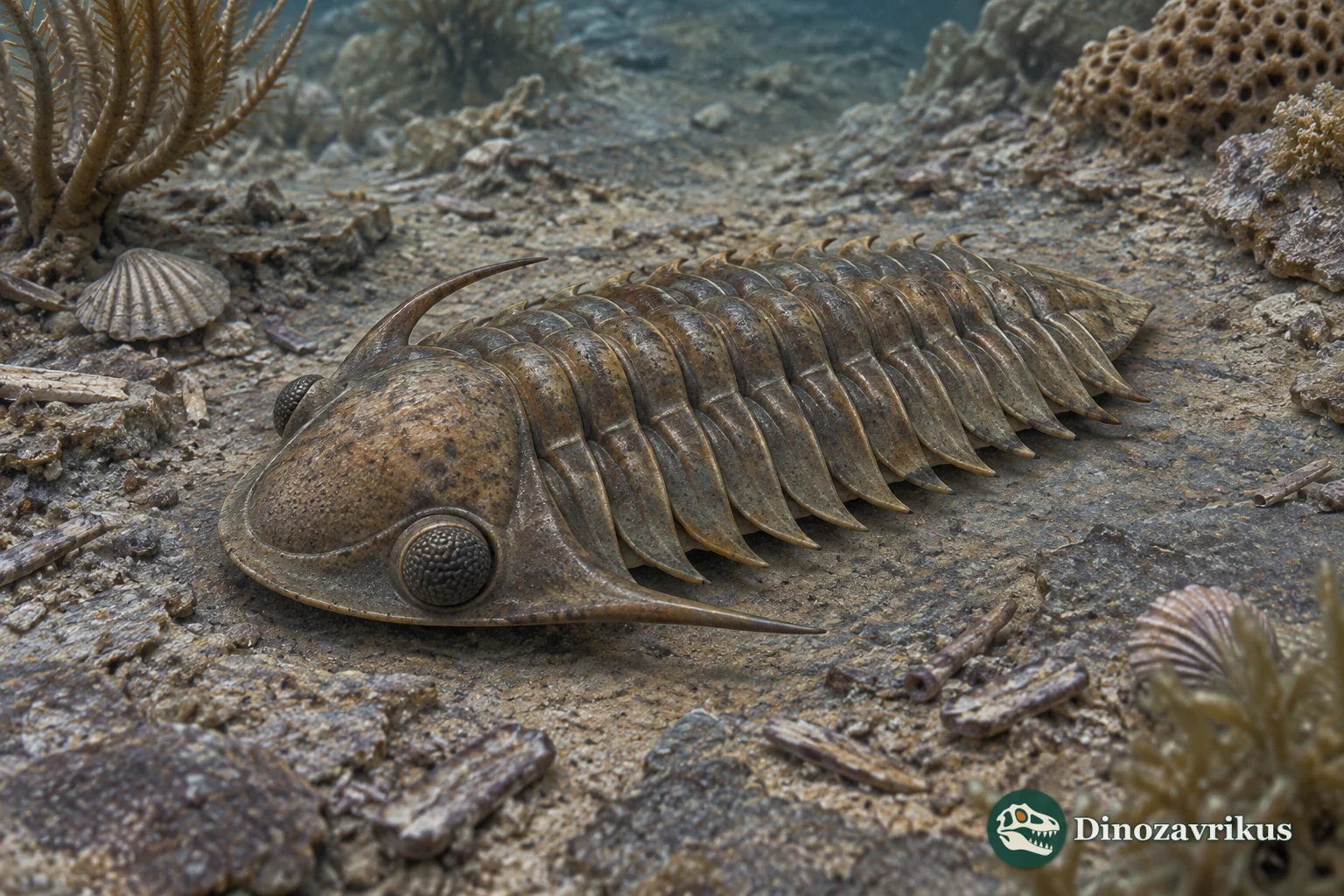 Reconstruction of a small Harpidella trilobite with large rear-set eyes, cheek spines and a segmented body