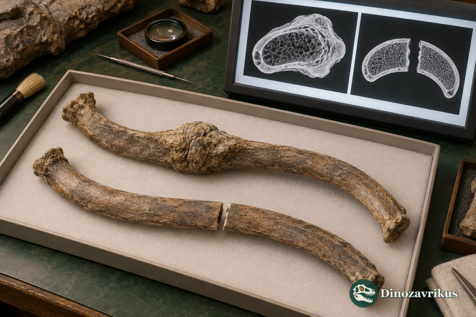 Comparison between a healed dinosaur rib fracture and a break formed after fossilisation