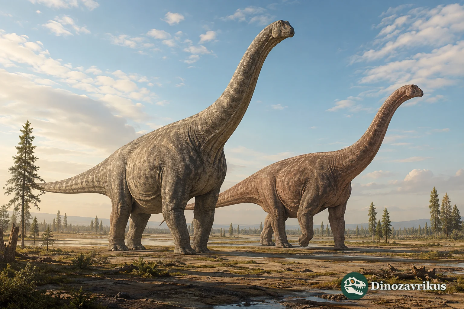 A giant titanosaur and a smaller sauropod crossing a floodplain, shown for scale without implying a precise mass