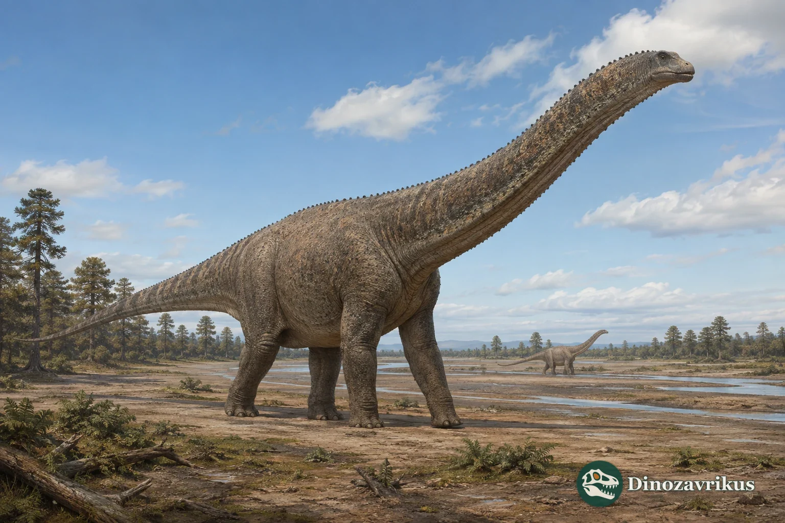 Artistic reconstruction of a giant titanosaur standing on land