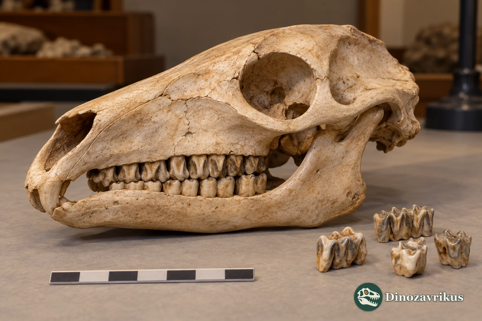 Conceptual museum illustration of a Hegetotherium skull and cheek teeth