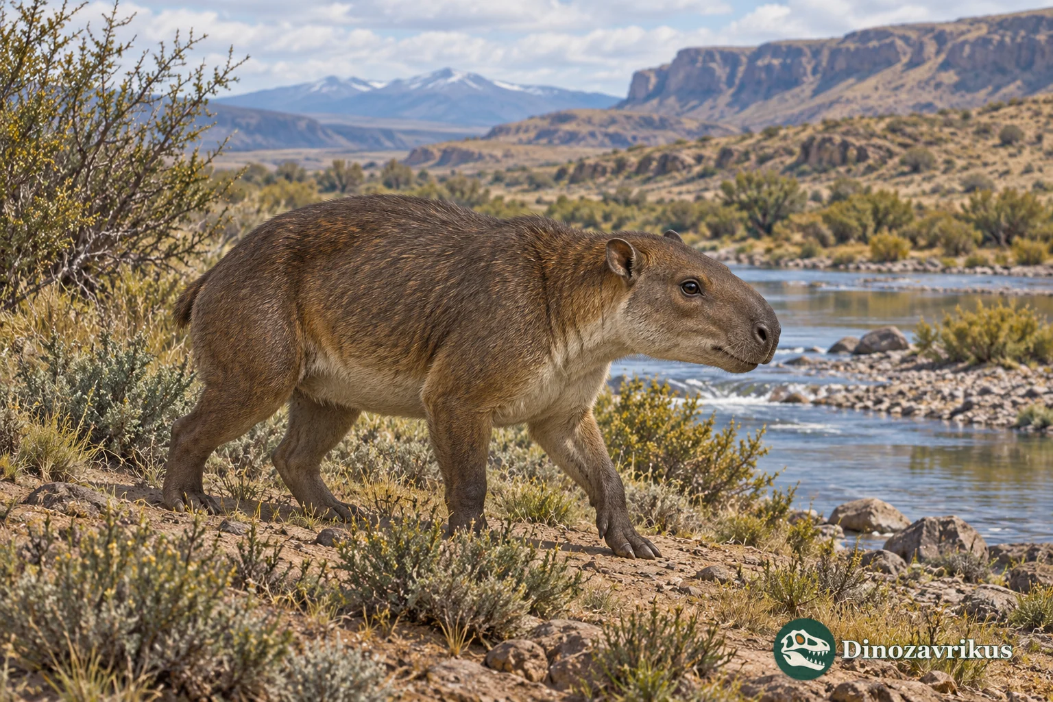 Artistic reconstruction of a compact Hegetotherium notoungulate beside a Miocene Patagonian river