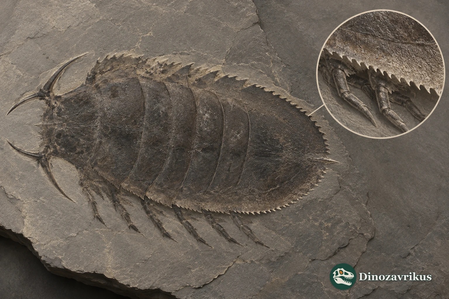 Interpretive compression-fossil view of Helmetia and a magnified body-margin detail
