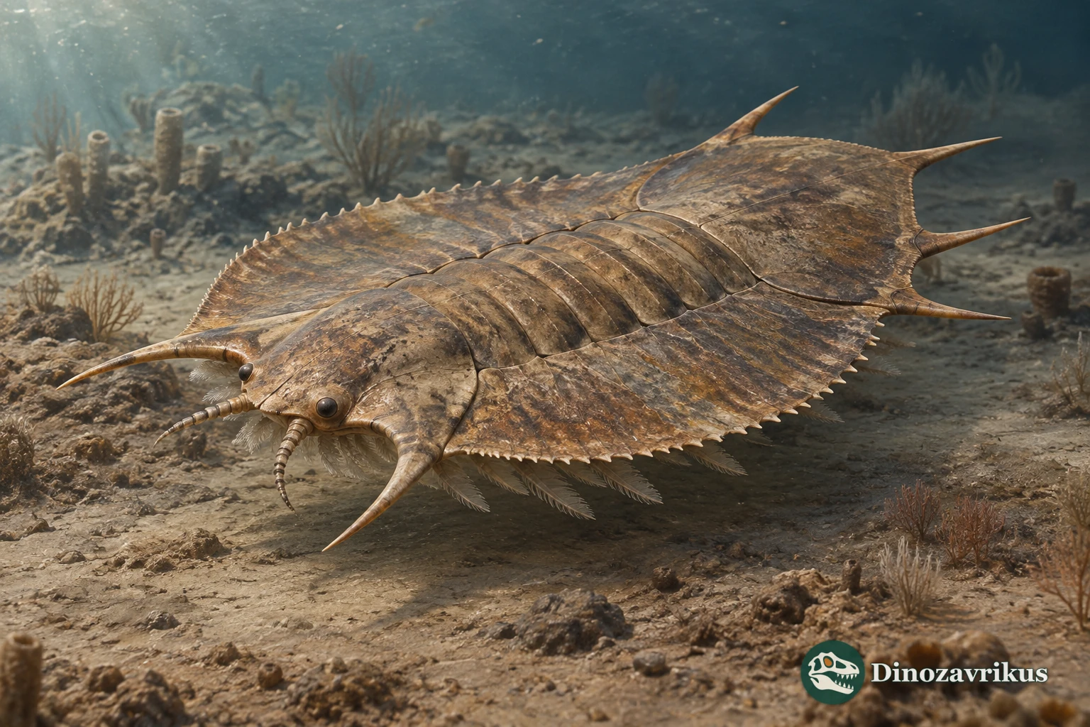 Scientific reconstruction of Helmetia expansa above a Cambrian seafloor
