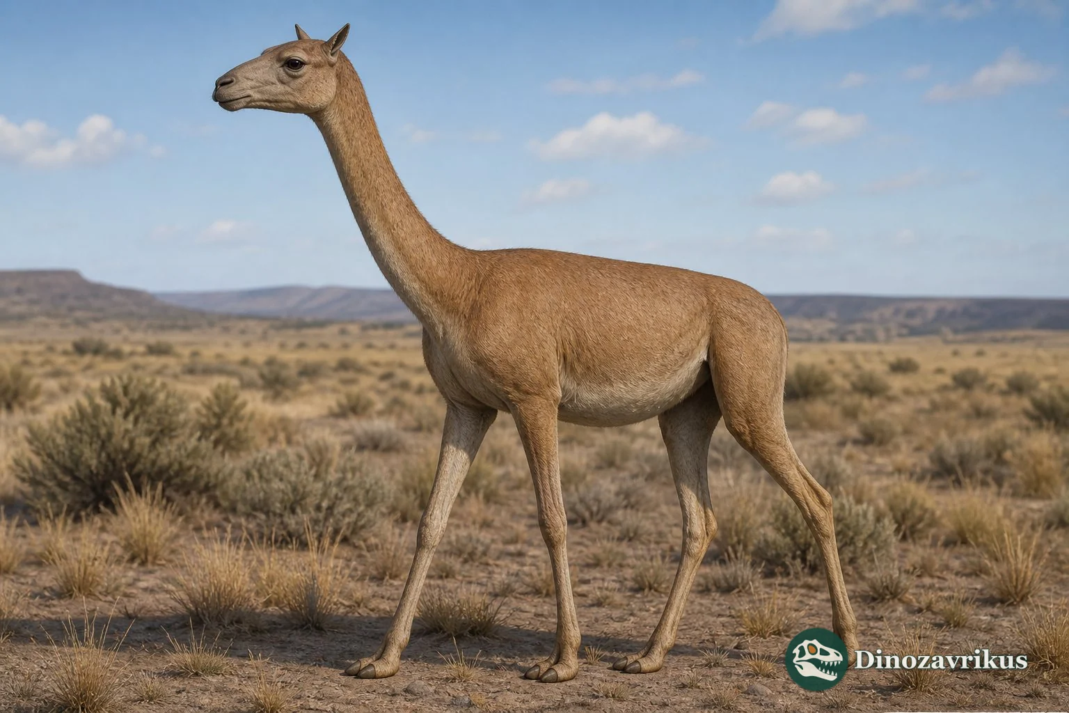 Reconstruction of Hemiauchenia walking through an open American grassland