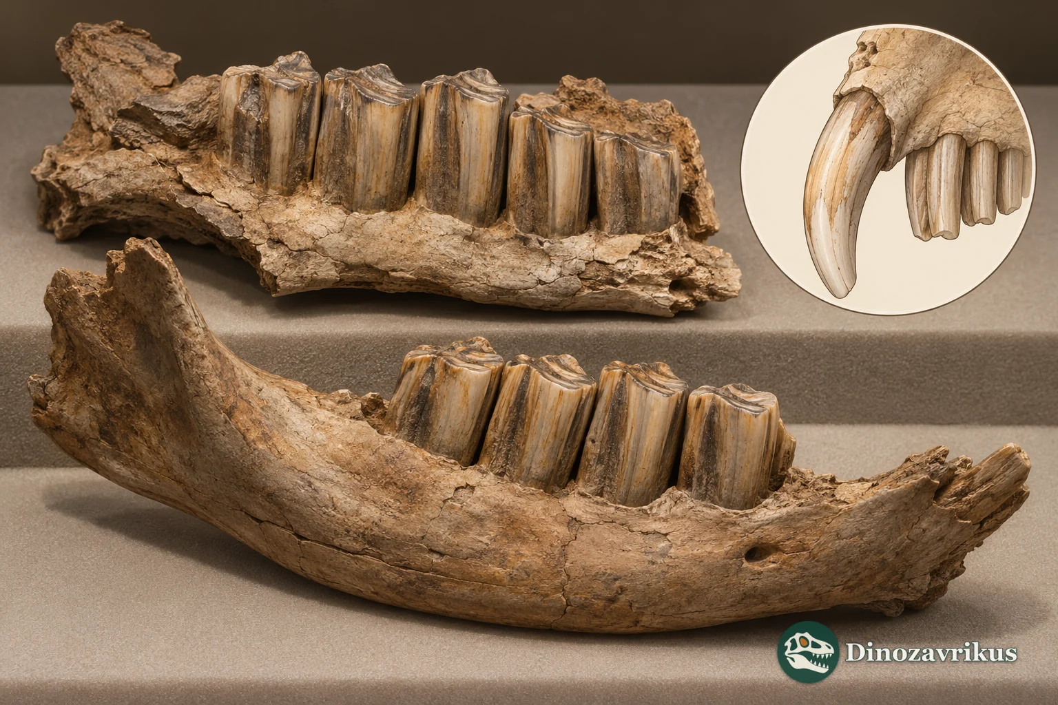 Conceptual museum-study scene with cheek teeth and a lower jaw fragment of a small Miocene notoungulate