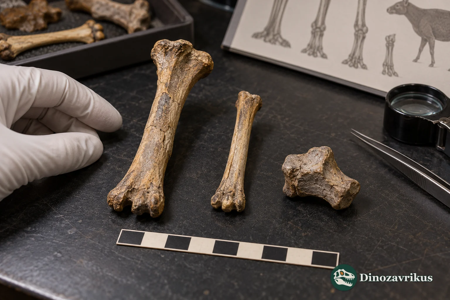 Generic isolated limb bones being compared in a museum research setting
