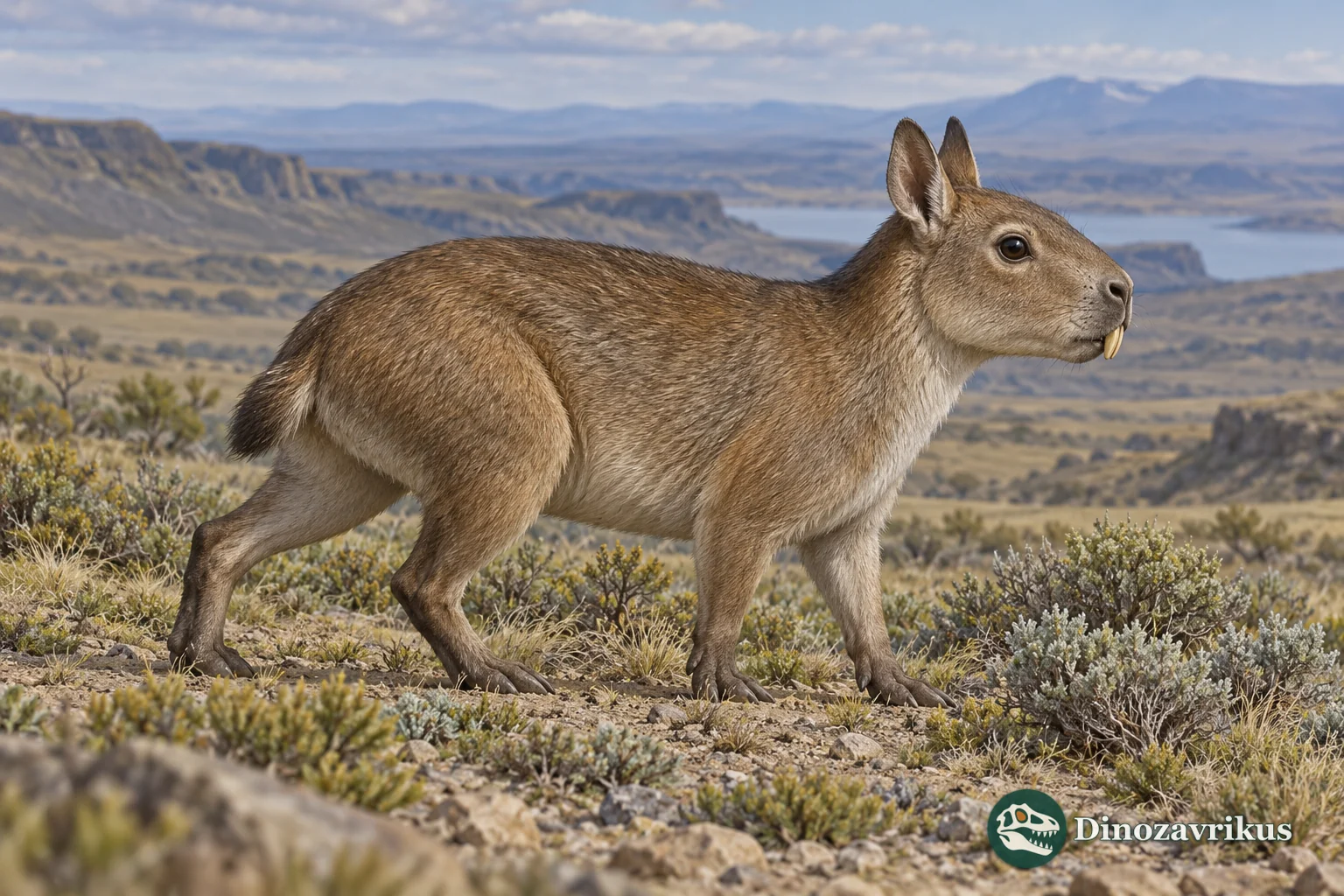 Artistic reconstruction of a small Hemihegetotherium among Miocene Patagonian shrubs