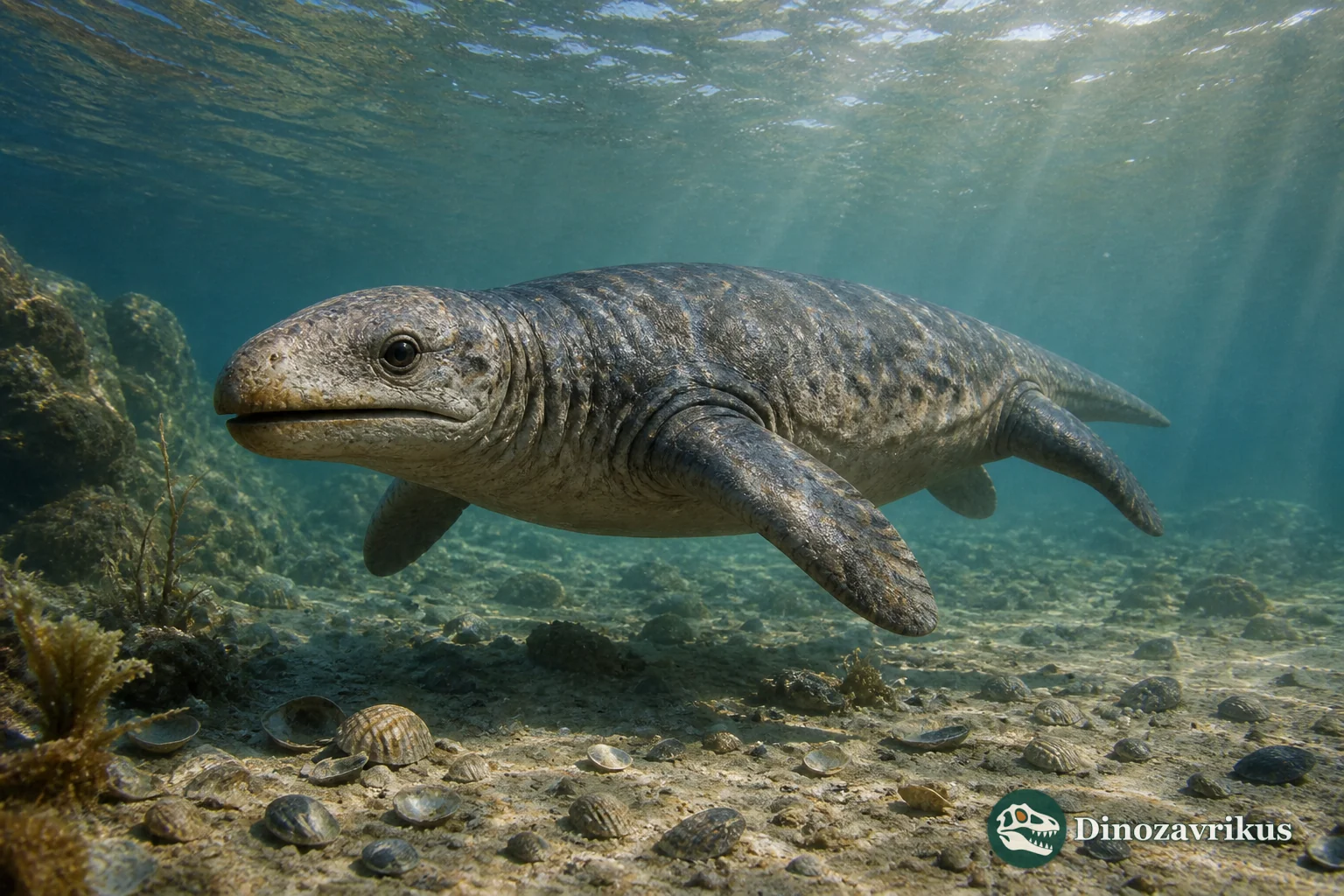 Henodus moving through a shallow Late Triassic lagoon