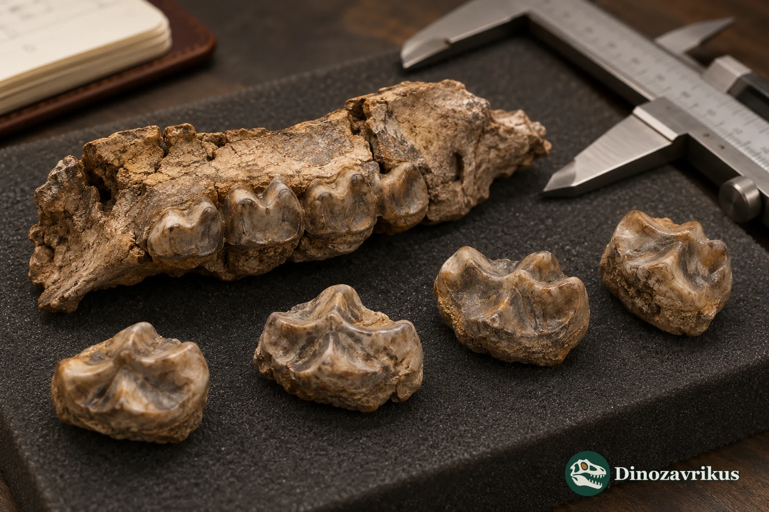 Conceptual museum scene with an upper-jaw fragment and separate fossil teeth