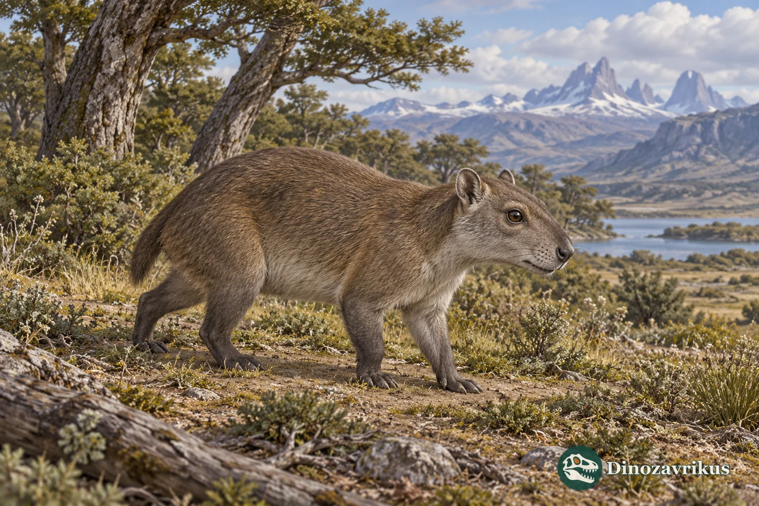 Cautious artistic reconstruction of an early notoungulate beside a Patagonian river valley