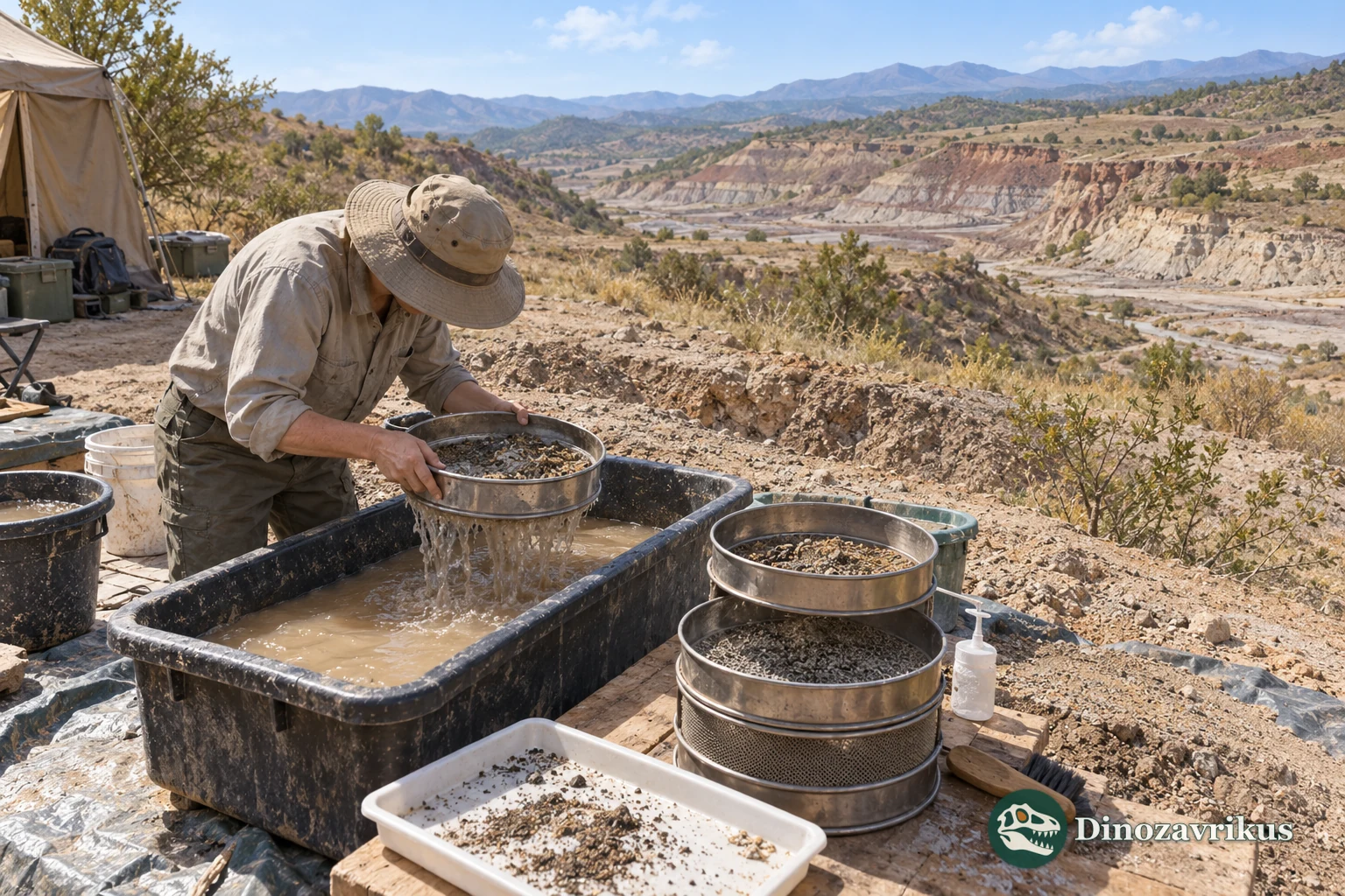 Illustrative wet-sieving scene for recovering tiny fossils