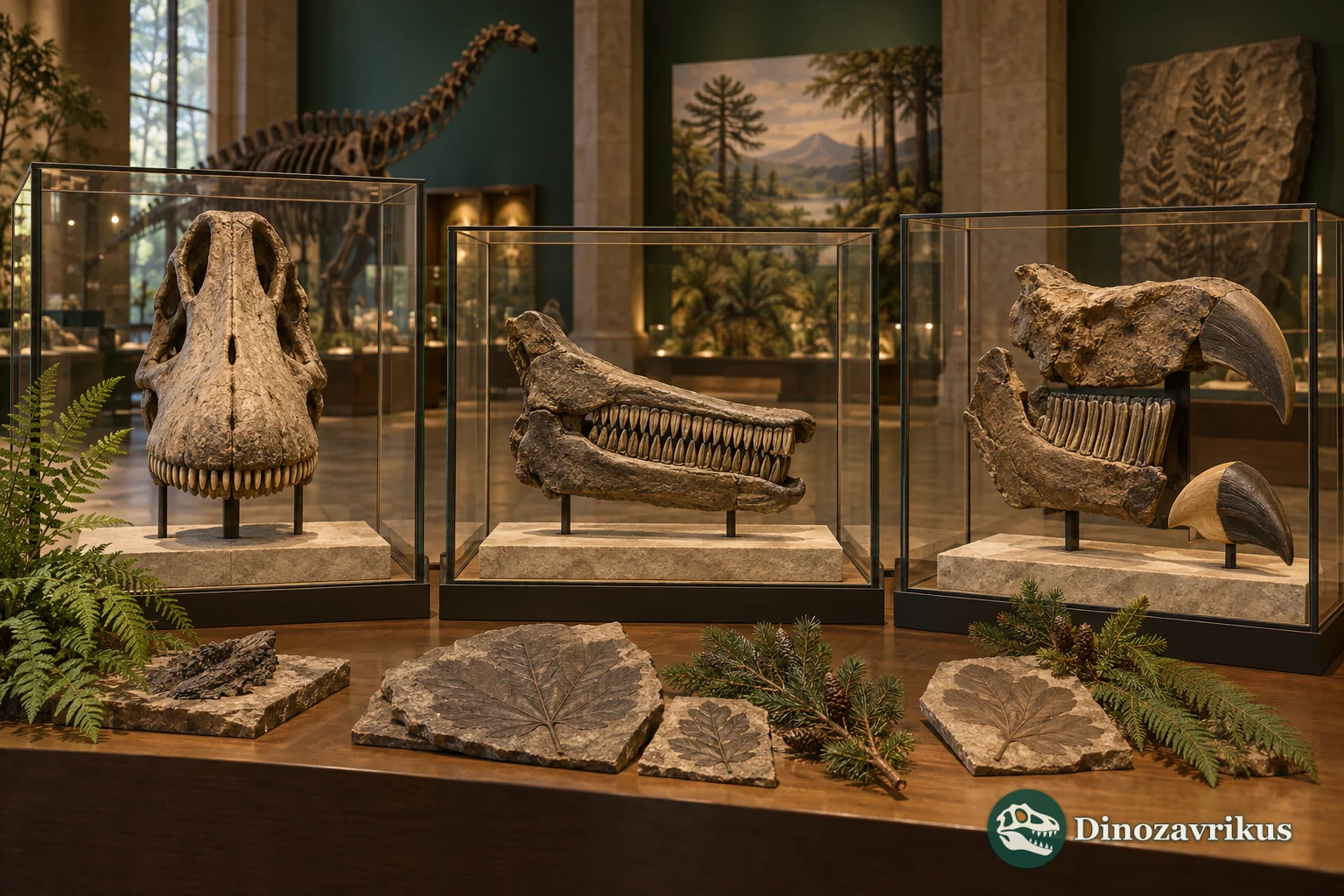 Museum display comparing fossil dinosaur skulls and teeth