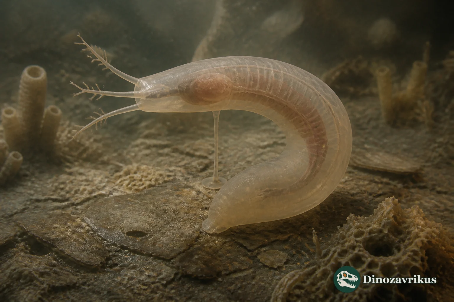 Herpetogaster with a curved soft body, paired branching tentacles and a flexible stolon attached to the seafloor