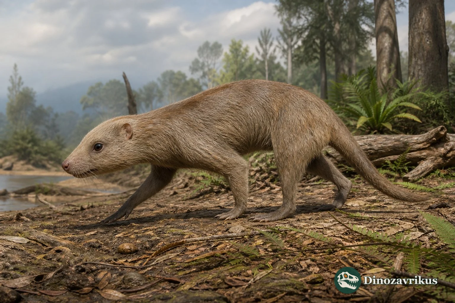 Herpetotherium moving over a leaf-strewn Oligocene woodland floor