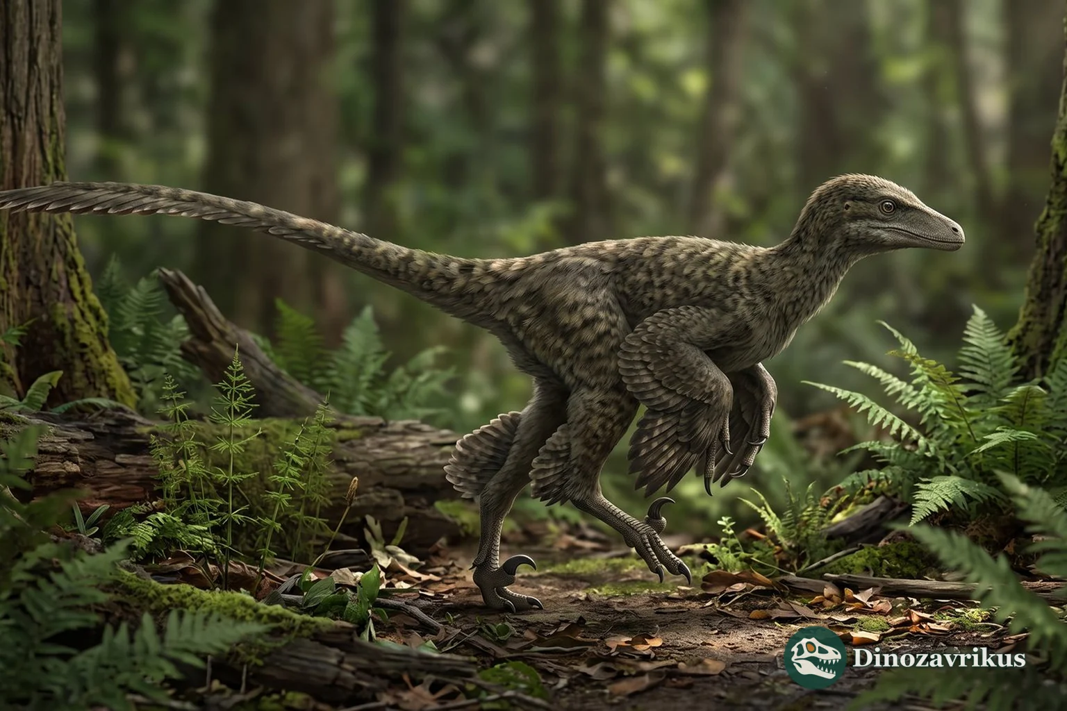 Small feathered reconstruction of Hesperonychus in a Late Cretaceous forest