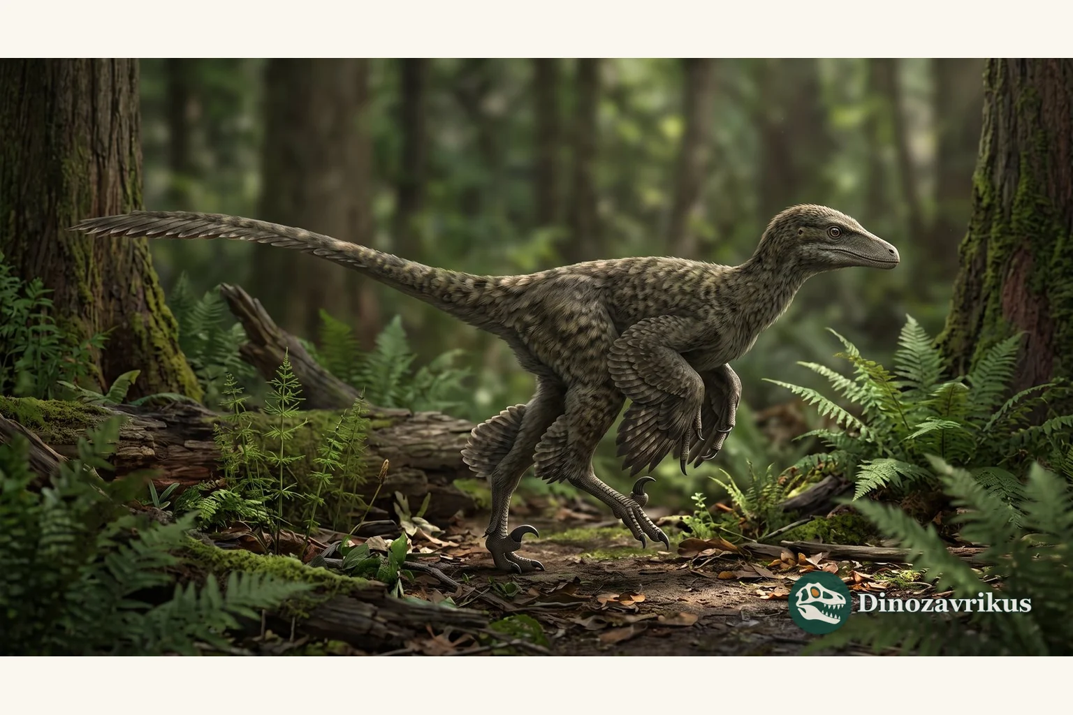 Small feathered reconstruction of Hesperonychus in a Late Cretaceous forest