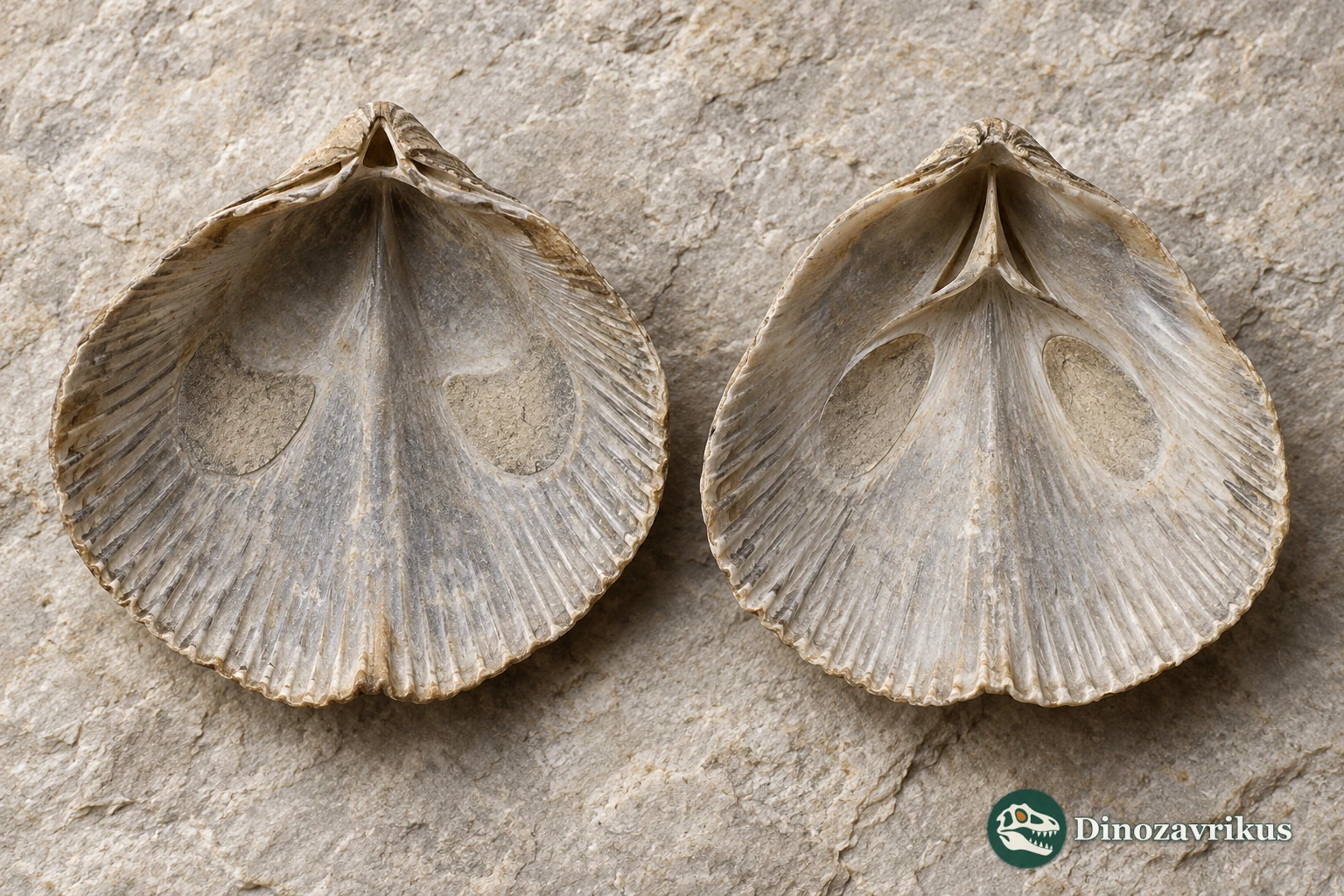 Educational interior view of Hesperorthis showing hinge and muscle regions