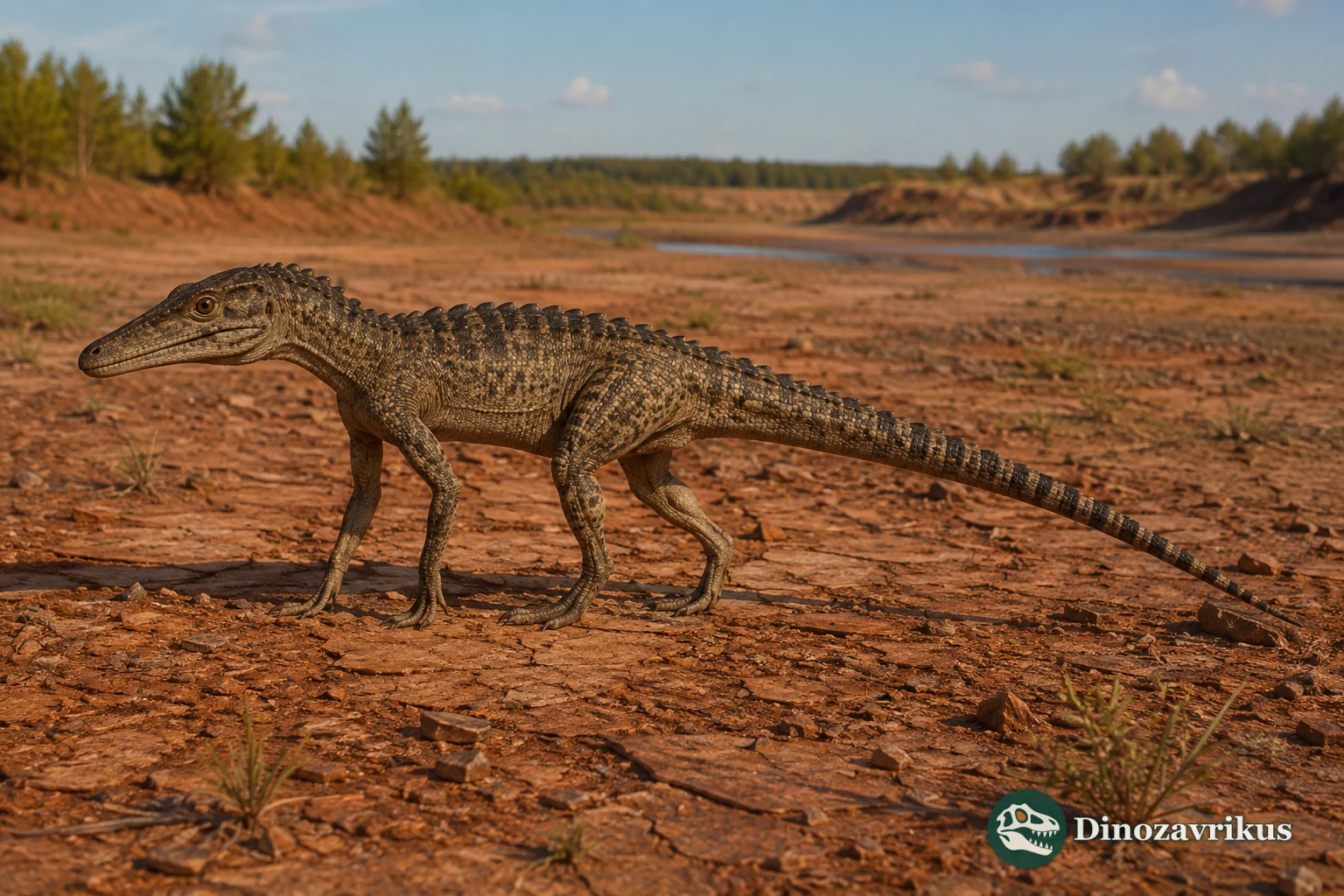Hesperosuchus moving across a Late Triassic floodplain in Arizona