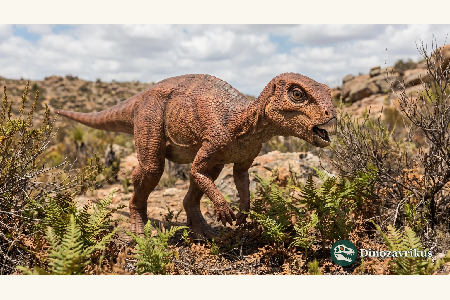 Heterodontosaurus reconstructed in a rocky Early Jurassic landscape
