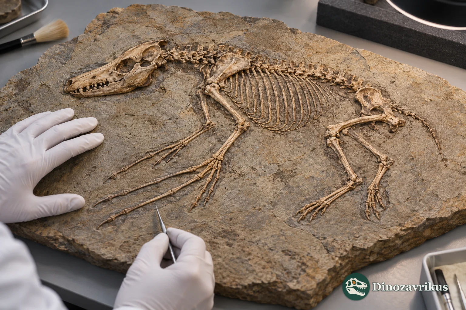 Conceptual museum scene with a nearly complete small apatemyid skeleton on a fossil slab