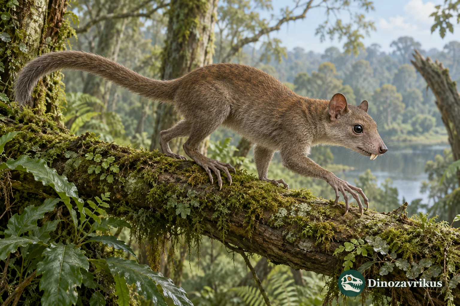 Artistic reconstruction of Heterohyus on a tree trunk in an Eocene forest