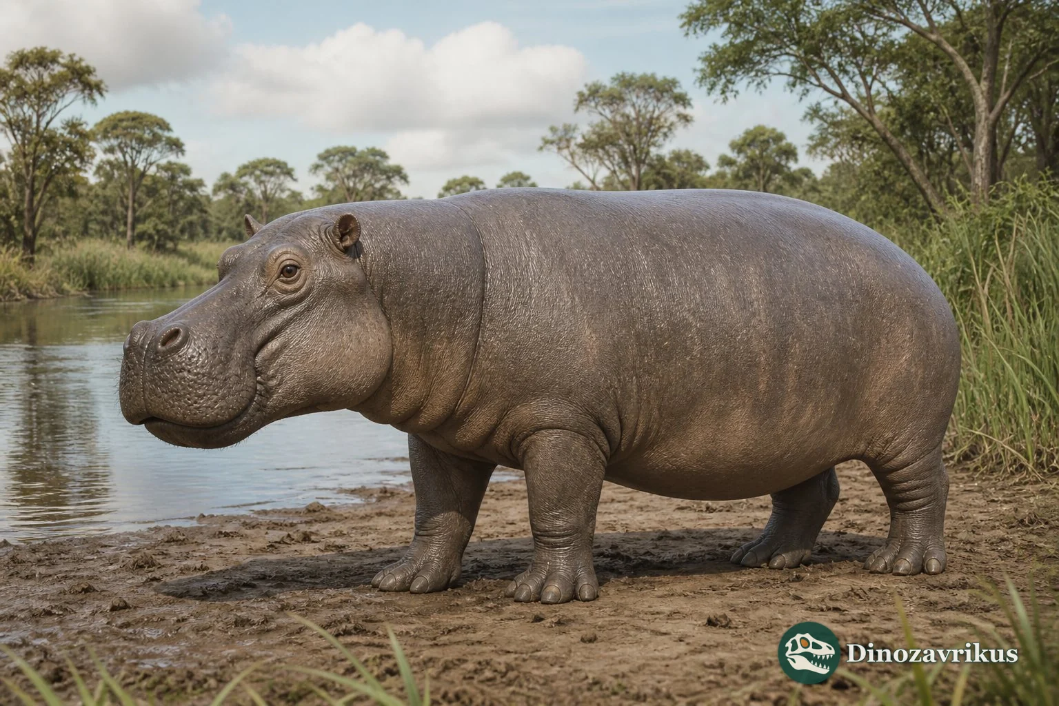 Hexaprotodon reconstructed at the edge of a river in a wooded savanna