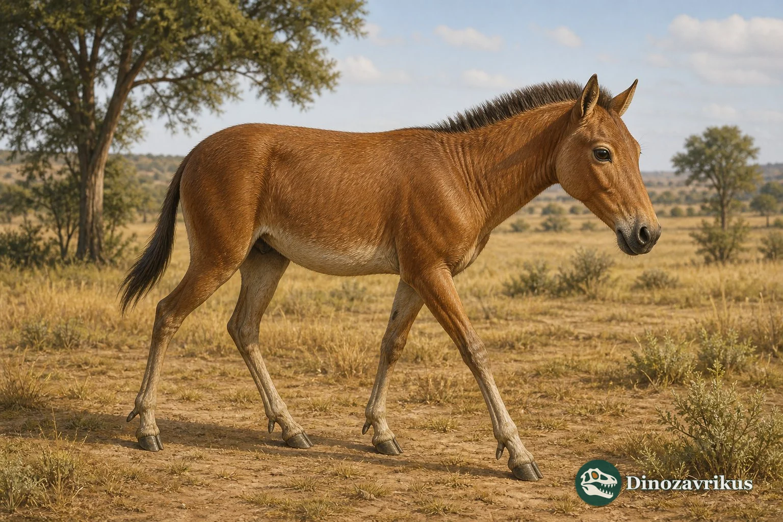 Hipparion reconstructed on a Miocene grassland and woodland edge