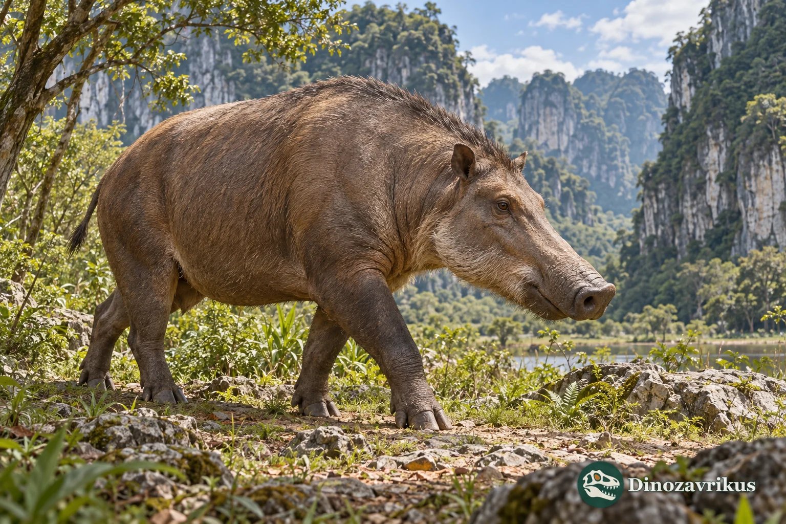 Artistic reconstruction of a large extinct pig in South China karst woodland