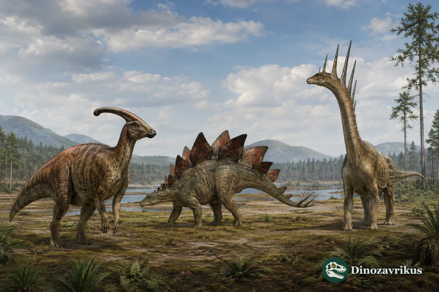 Parasaurolophus, Stegosaurus and Amargasaurus reconstructed together for comparison