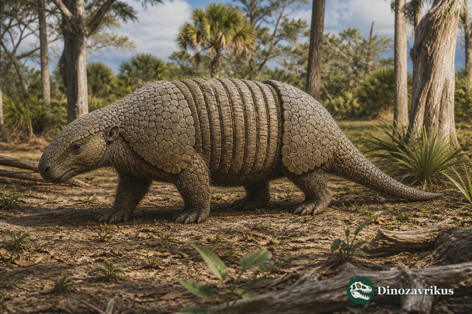 Holmesina pampathere walking through a Pleistocene woodland with its flexible bony armour