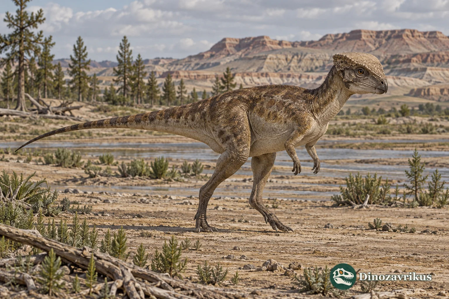 Scientific reconstruction of a small Homalocephale walking through a Late Cretaceous Mongolian floodplain