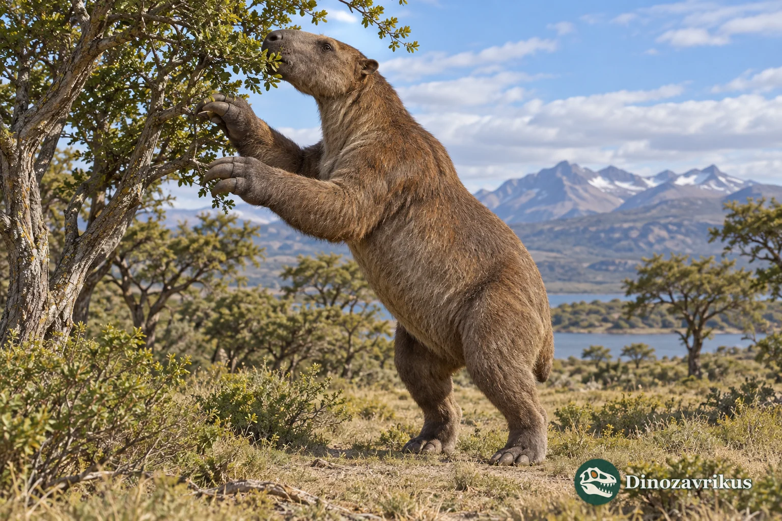Artistic Homalodotherium reaching toward branches in early Miocene Patagonia