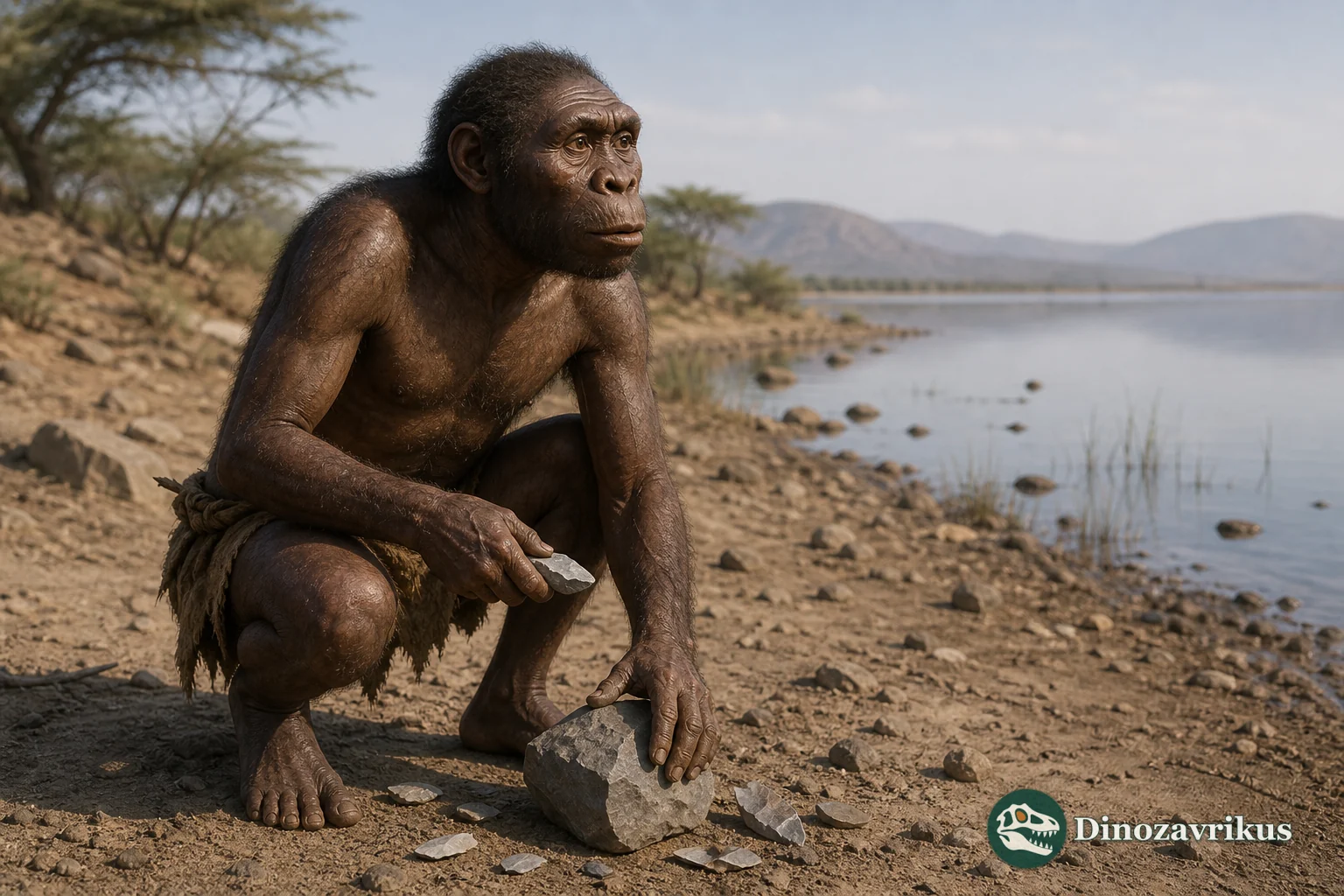 Homo habilis reconstructed working stone beside an East African lake