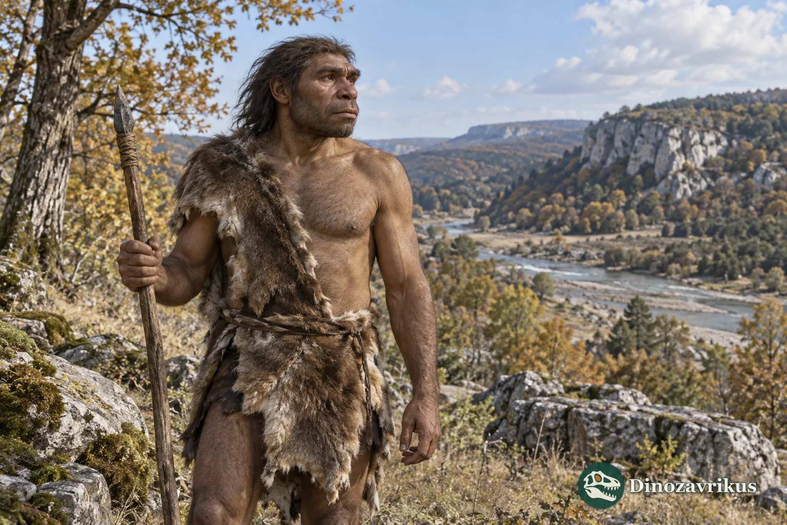 Artistic reconstruction of a Middle Pleistocene human in a European river landscape