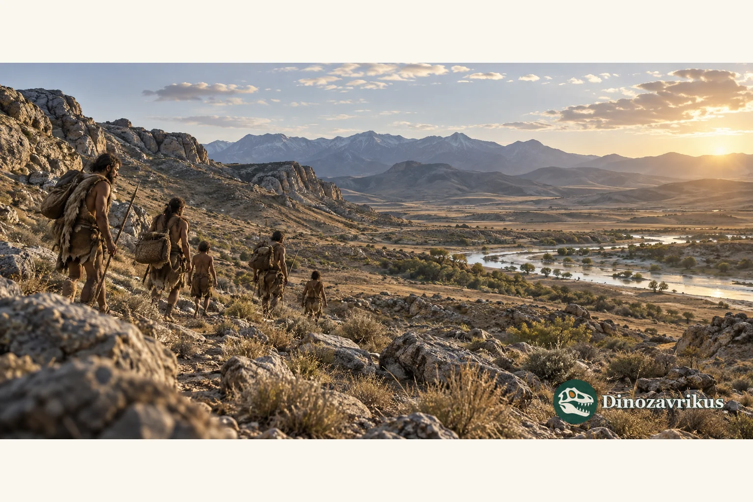 Early Homo sapiens walking across an African grassland and rocky landscape