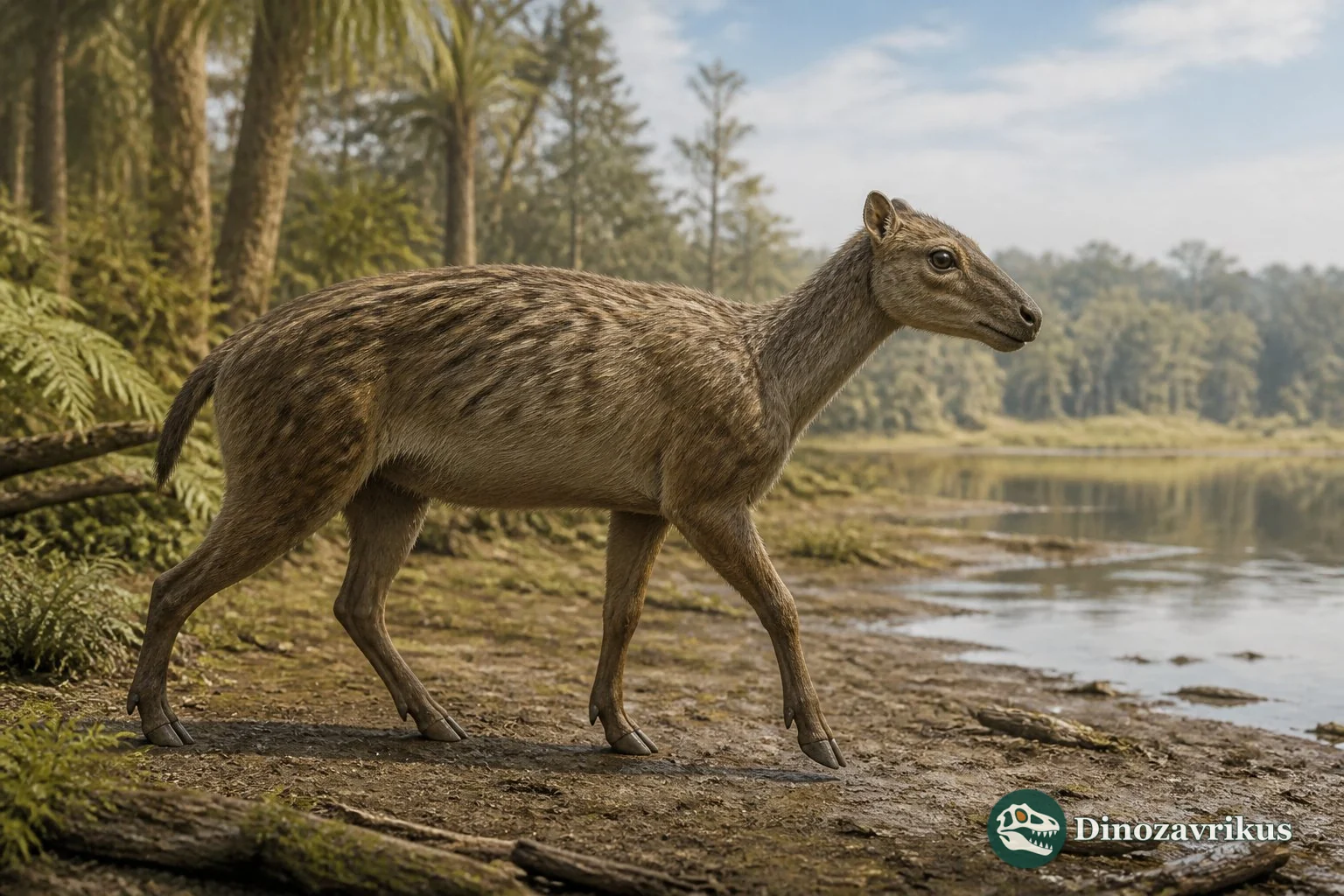 Homogalax crossing a wooded early Eocene stream margin