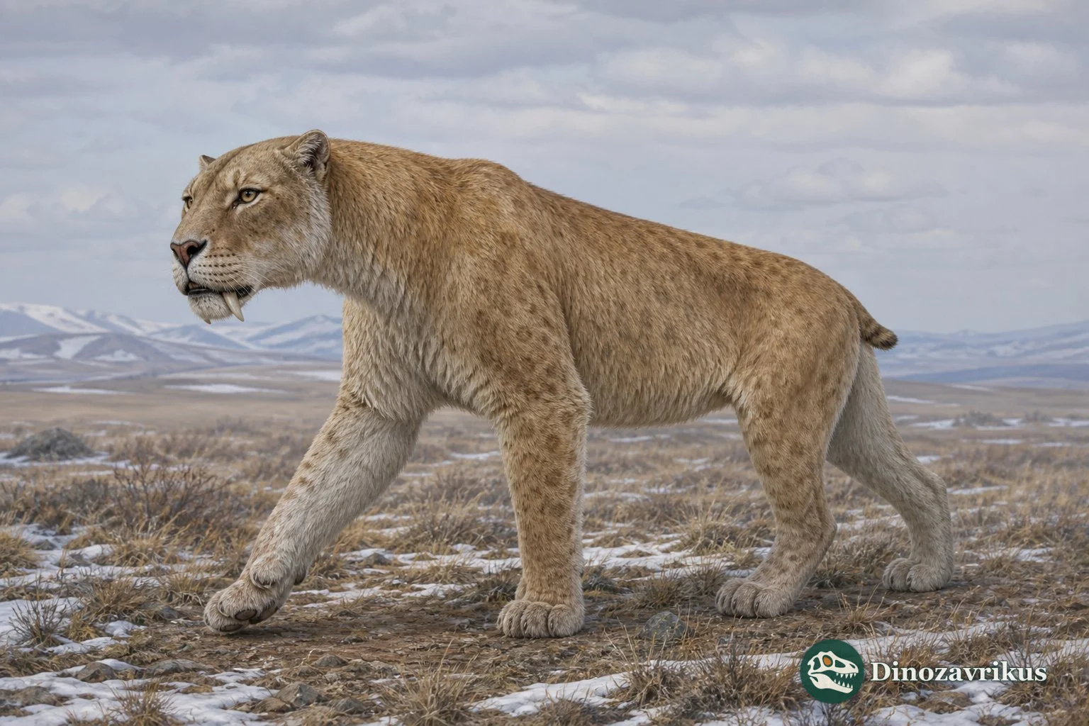 Homotherium reconstructed in a snowy northern landscape