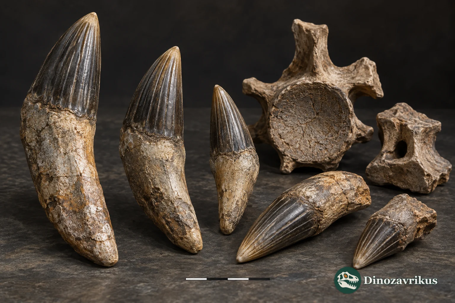 Conceptual display of fossil whale teeth and bone fragments