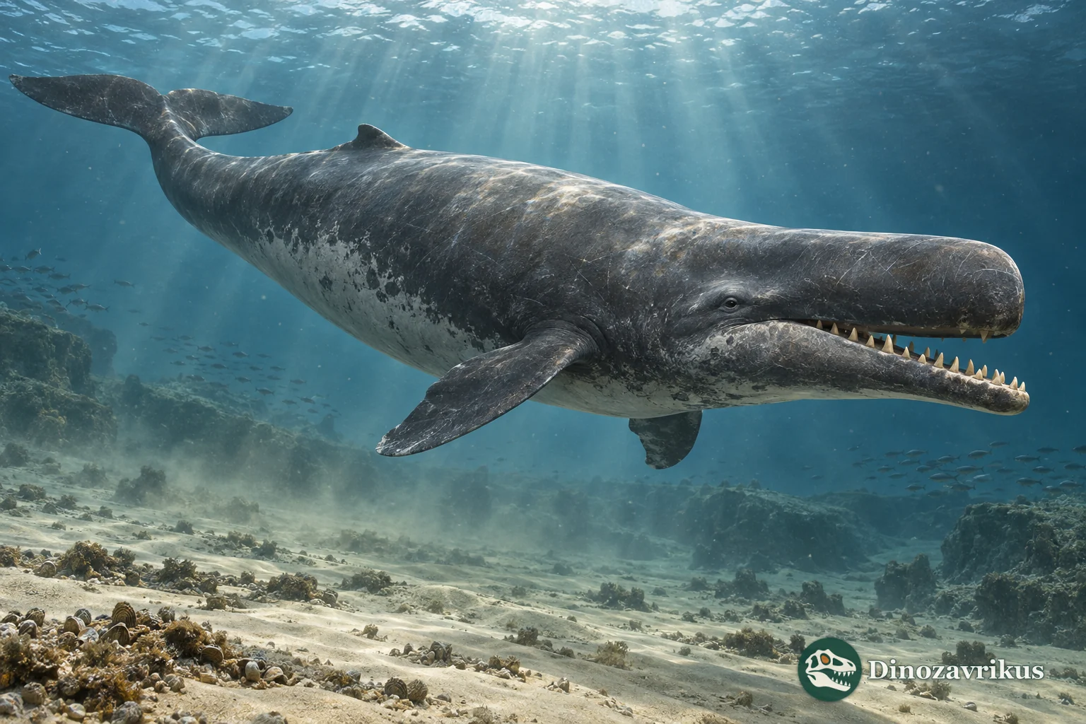 Artistic reconstruction of a toothed Miocene whale in a shallow sea
