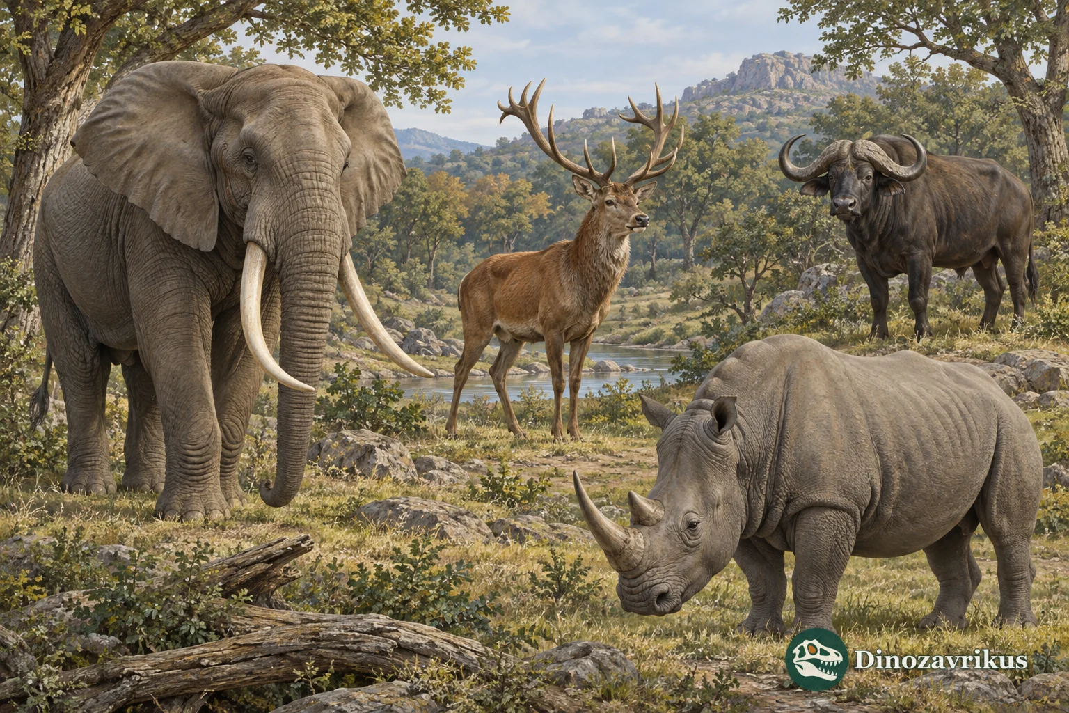 An elephant, deer, buffalo and rhinoceros illustrating different kinds of head structures