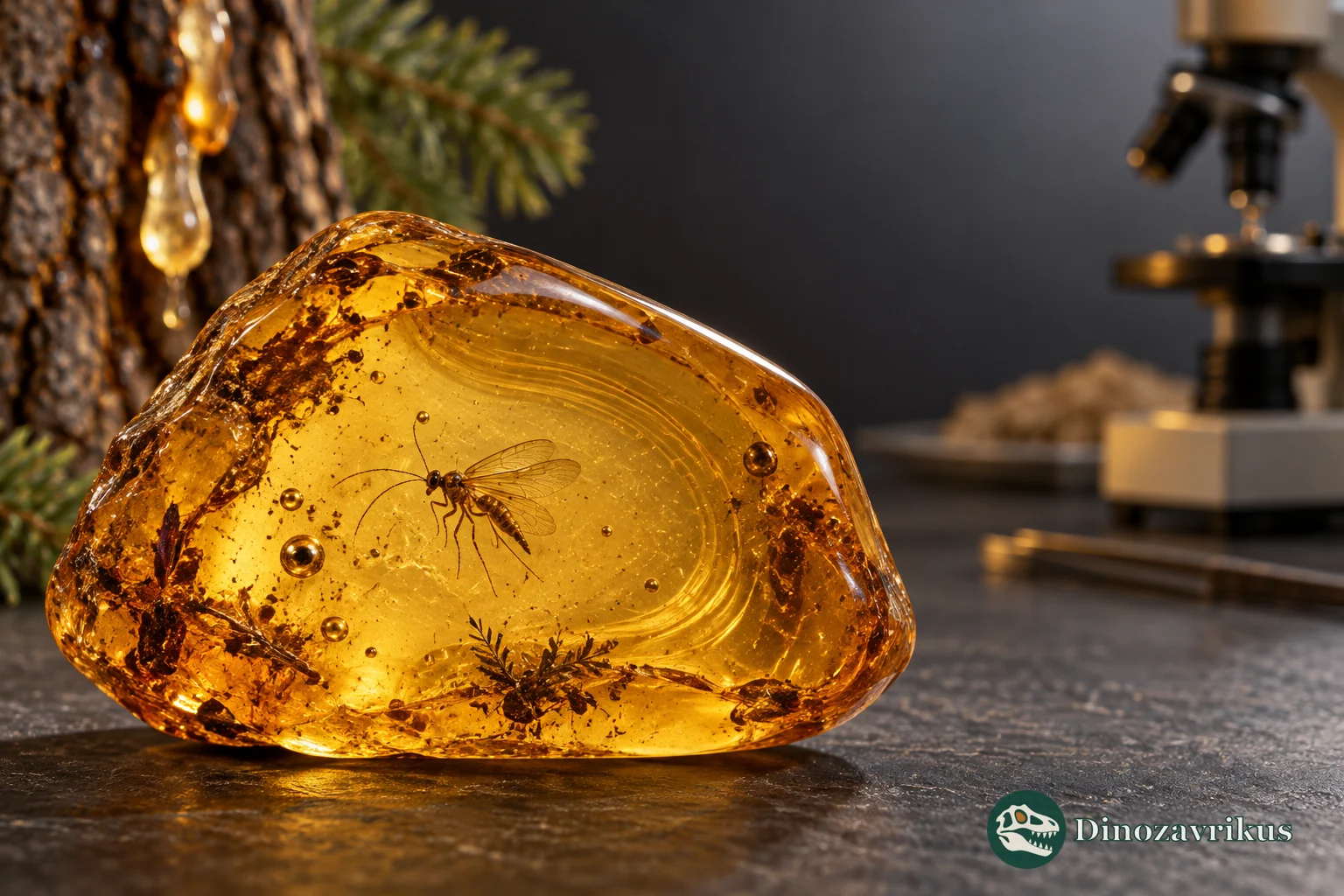 Translucent golden fossil resin with a small winged insect inclusion beside a microscope